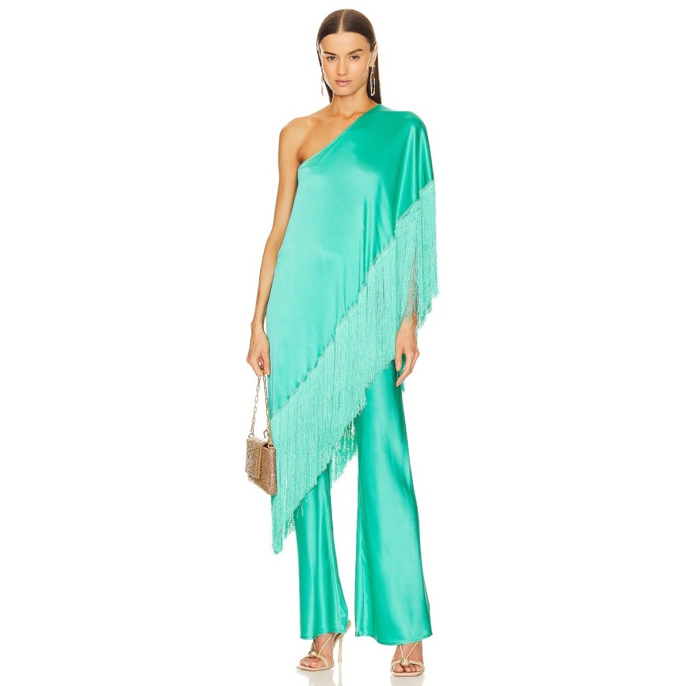 Cult Gaia Ayla Top Stacie Pants 2pc Set XL Ebra Green Fringe REVOLVE Silk Resort